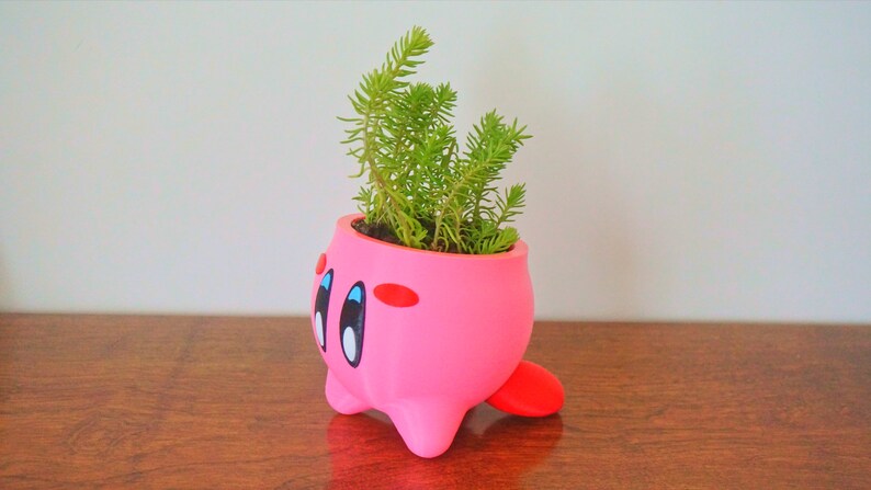 May include: A pink ceramic planter shaped like a cartoon character with a green succulent plant inside. The planter has a red nose and large black eyes with blue pupils.