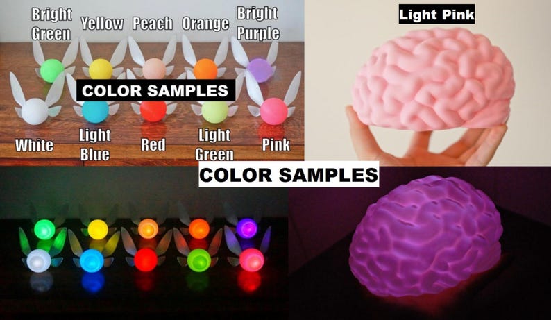 May include: The image showcases a variety of color samples for decorative items. The top section displays fairy-like ornaments in various colors, with the text "COLOR SAMPLES" above. A light pink brain-shaped object is also shown. The bottom section shows the fairy ornaments illuminated.