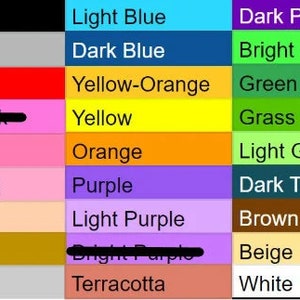 May include: A colour chart with 10 rows of colour swatches. The colours are black, grey, red, bright pink, pink, light pink, peach, gold, silver, and terracotta. The second column shows the colours light blue, dark blue, yellow-orange, yellow, orange, purple, light purple, bright purple, and terracotta. The third column shows the colours dark purple, bright green, green, grass green, light green, dark teal, brown, beige, and white.