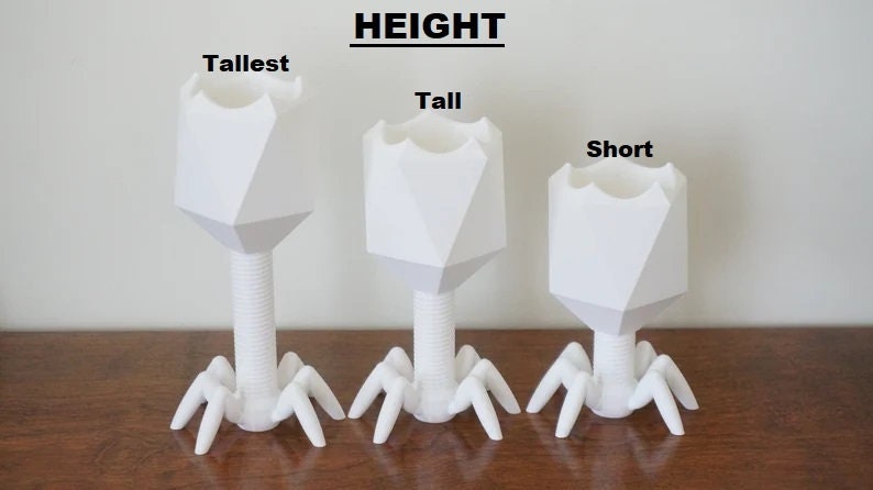 May include: Three white, geometrically shaped, 3D printed planters with legs, labeled "Tallest", "Tall", and "Short" to show their relative heights.  The planters are on a wooden surface.