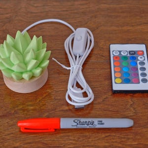 K&ouml;nnte beinhalten: Eine hellgr&uuml;ne LED-Lampe in Form einer Sukkulente mit Holzsockel, Fernbedienung und wei&szlig;em Kabel. Ein roter und grauer Sharpie-Feinmarker ist ebenfalls vorhanden.