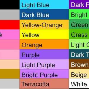 May include: A color chart with 10 rows and 3 columns. Each row displays a different color name and a corresponding color swatch. The colors include black, grey, red, bright pink, pink, light pink, peach, gold, silver, light blue, dark blue, yellow-orange, yellow, orange, purple, light purple, bright purple, terracotta, dark purple, bright green, green, grass green, light green, dark teal, brown, beige, and white.