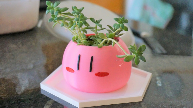 Puede incluir: Una maceta de cer&aacute;mica rosa con forma de dango japon&eacute;s con ojos negros y mejillas rojas, que contiene una peque&ntilde;a planta suculenta.