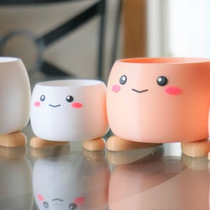 May include: Four small, colorful planters with cute cartoon faces and legs. The planters are made of plastic and are perfect for small plants or succulents.