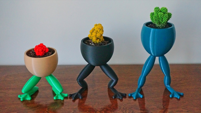 May include: Three frog-leg plant pots with different colored pots and plants. The pots are brown, black, and blue. The plants are red, yellow, and green.