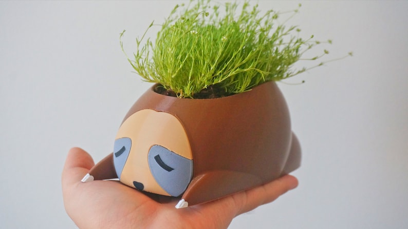 May include: A brown and tan ceramic planter shaped like a sleeping sloth with a small green plant growing out of the top.