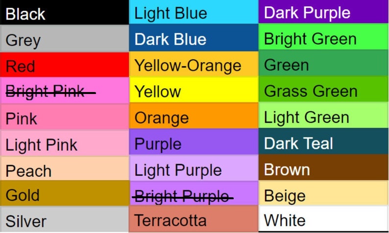 Pode incluir: Uma tabela de cores com 10 linhas e 3 colunas. A coluna da esquerda mostra tons de rosa, vermelho, cinza e preto. A coluna do meio mostra tons de azul, roxo, laranja e amarelo. A coluna da direita mostra tons de verde, azul-esverdeado, marrom e bege.