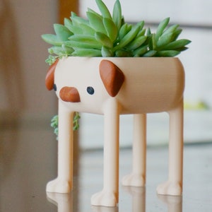 May include: A beige ceramic planter shaped like a pug with brown ears and a small succulent plant growing inside. The planter has four legs and is standing on a table.