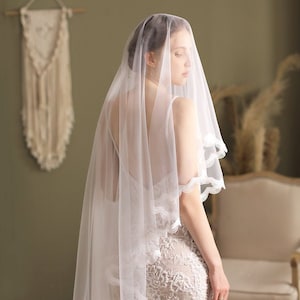 Vintage style lace edge drop veil, two tier wedding veil with lace trim, lace bridal veil, blusher veil