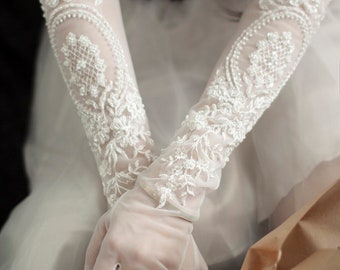 Elegant Vintage Lace Long Bridal Gloves, Handmade Bridal Gloves,