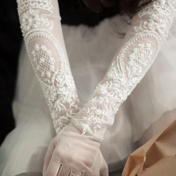 Gants de mariée longs en dentelle vintage élégants, gants de mariée faits main,