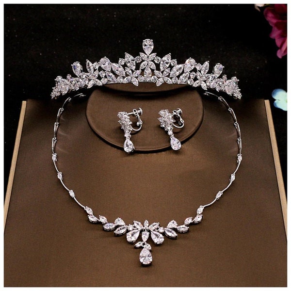 Flower Pattern Cubic Zircon Bridal Jewellery Set, Tiara Necklace Earrings, Bridal Jewellery Set, Wedding Jewellery, Pageant Crown