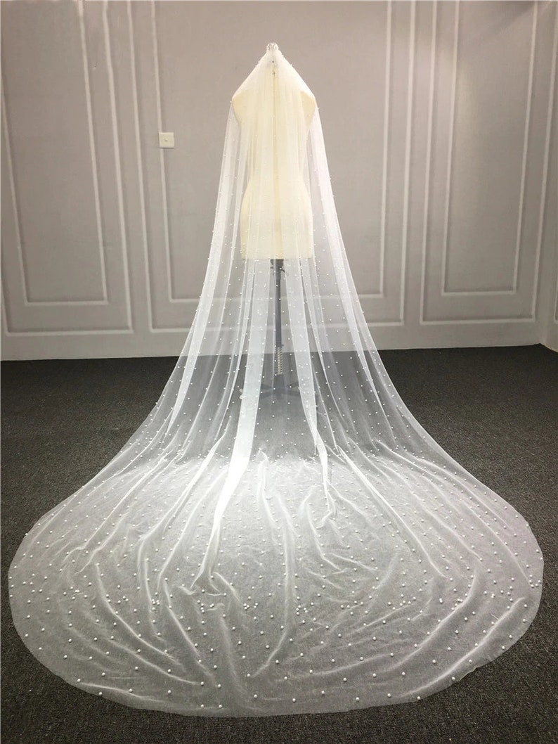 Pearl Veil, Cathedral Length Peal Veil with Metal Comb, Cathedral Veil, Ivory Veil, Wedding Veil, Bridal Veil image 2