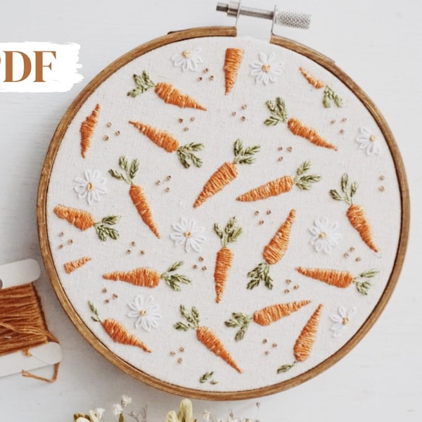 Carrot Harvest Hand Embroidery PDF Pattern, 5 inch Intermediate Pattern with Step by Step Directions, Diagrams, and Video Tutorials, Garden