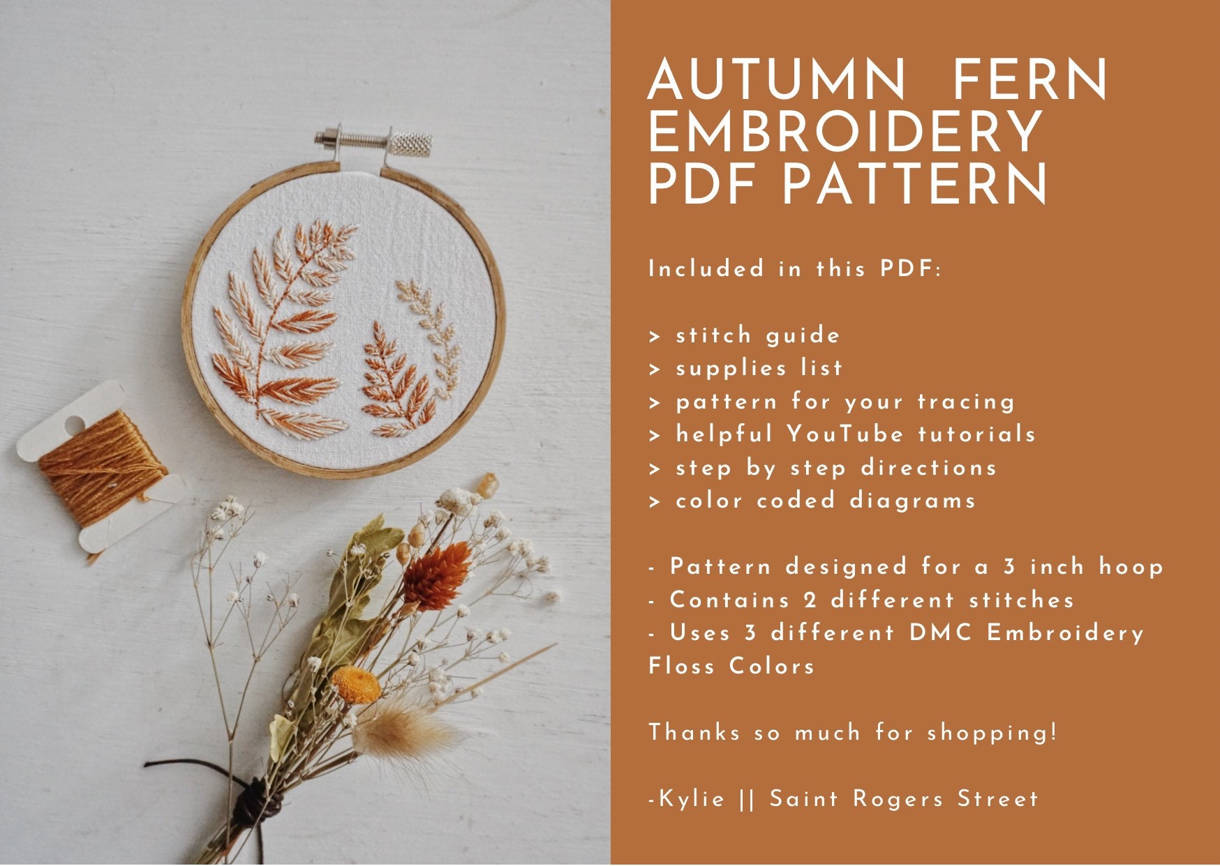 Autumn Fern Embroidery PDF Pattern, 3" Fall Hand Embroidery Beginner ...