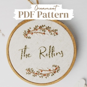 Last Name Embroidery Ornament, Personalized Name PDF Pattern, Custom Name Embroidery Hoop, Christmas Ornament Pattern, Christmas Embroidery