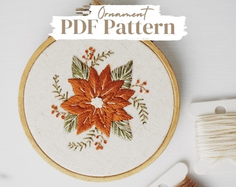 Könnte beinhalten: Nahaufnahme eines fertigen Stickrahmens mit einem Weihnachtsstern-Motiv. Der Rahmen ist aus Holz und hat einen weißen Stoffhintergrund. Die Stickerei ist in Orange-, Rot- und Grüntönen gehalten.
