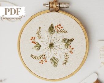 White Poinsettia Christmas Ornament Embroidery PDF Pattern, Hand Embroidery Christmas Gift, Winter Flower Embroidery Hoop, Digital Download