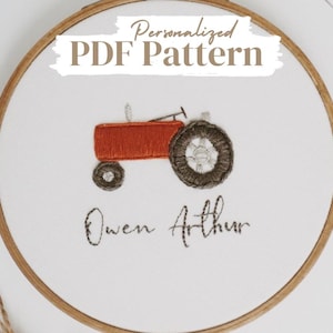 Tractor Baby Name Embroidery PDF Pattern, Custom Name Embroidery Design, Personalized Baby Boy Nursery Embroidery Hoop, Farm Theme Wall Art