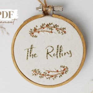 Last Name Embroidery Ornament, Personalized Name PDF Pattern, Custom Name Embroidery Hoop, Christmas Ornament Pattern, Christmas Embroidery image 1