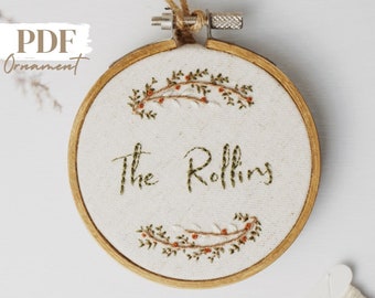 Last Name Embroidery Ornament, Personalized Name PDF Pattern, Custom Name Embroidery Hoop, Christmas Ornament Pattern, Christmas Embroidery