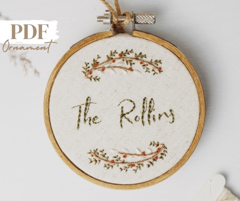 Last Name Embroidery Ornament, Personalized Name PDF Pattern, Custom Name Embroidery Hoop, Christmas Ornament Pattern, Christmas Embroidery image 1