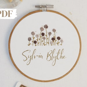 Floral Name Embroidery Pattern, Muted Purple Baby Name Hoop, Custom Name PDF Pattern, Personalized Hand Embroidery Gift, Beginner Pattern