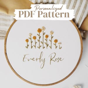 Personalized Floral Baby Name Embroidery PDF Pattern, Custom Name Embroidery Design, Beginner Hand Embroidery Hoop Art, Yellow Flower Design