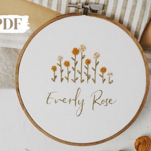 Personalized Floral Baby Name Embroidery PDF Pattern, Custom Name Embroidery Design, Beginner Hand Embroidery Hoop Art, Yellow Flower Design