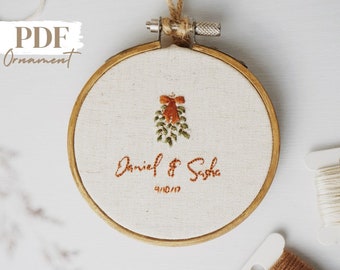 Mistletoe Embroidery Pattern, Personalized Christmas Ornament Embroidery Pattern, Couple Ornament Pattern, Custom Name Embroidery PDF