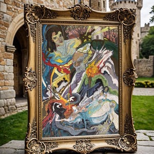 Puede incluir: Una pintura enmarcada con un marco dorado ornamentado. La pintura representa una escena abstracta y colorida con figuras y una iglesia en el fondo.