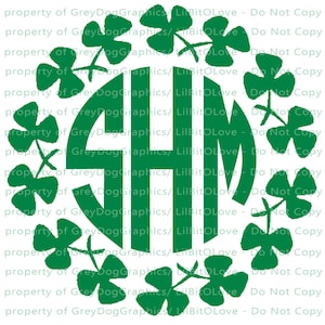May include: Green shamrock leaves form a circle around a monogram with the letters "SH" in a white background. The text "property of Grey Dog Graphics/Lil Bit Love - Do Not Copy" is repeated multiple times around the image.