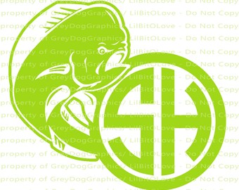 May include: A green and white graphic design of a fish with a circle monogram in the center. The monogram is the letters "SH" in a circle. The text "property of Grey Dog Graphics/Lil Bit Love - Do Not Copy" is repeated multiple times around the design.