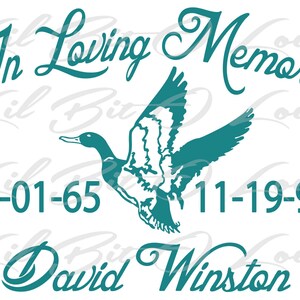 May include: Teal blue silhouette of a flying duck with the text "In Loving Memory" above and "David Winston" below. The dates "01-01-65" and "11-19-93" are on either side of the duck.