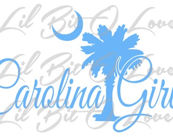 May include: A blue silhouette of a palm tree with a crescent moon, and the text "Carolina Girl" in a cursive font.