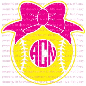 May include: A yellow softball with a pink bow and a pink monogram that says "ACN". The softball has white stitching and a black outline. The text "property of Grey Dog Graphics/Lil Bit Love - Do Not Copy" is repeated multiple times around the softball.