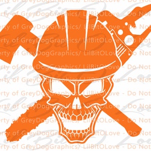 May include: Orange and white skull graphic with a crossed axe and chainsaw. The skull is wearing a hard hat. The graphic is on a white background.