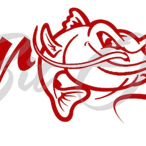 May include: A red graphic with the words "River Life" in a stylized font, accompanied by a cartoon catfish illustration. The design is set against a white background.