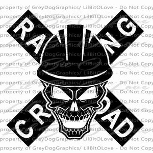 May include: Black and white graphic design of a skull wearing a hard hat with the words "RANG" and "CRAD" crossed over each other. The text "property of Grey Dog Graphics/ Lil BitOLove - Do Not Copy" is repeated multiple times around the image.
