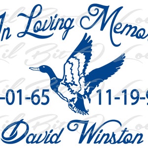 May include: In loving memory of David Winston, a blue silhouette of a flying duck with the dates 01-01-65 and 11-19-93.