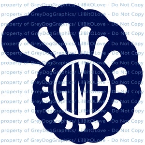 May include: A navy blue Thanksgiving turkey design with a white monogram circle in the center. The monogram reads "AMS".