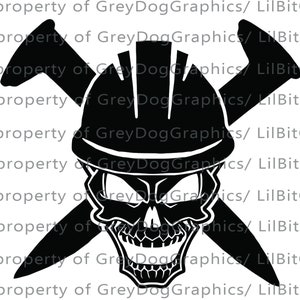 May include: Black and white graphic design of a skull wearing a hard hat with two crossed chisels behind the skull.