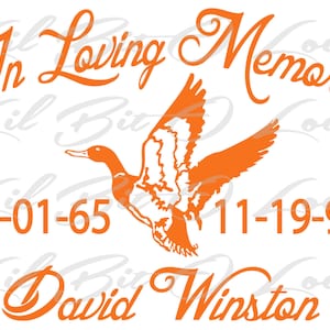 May include: Orange silhouette of a flying duck with the text "In Loving Memory" above and "David Winston" below. The dates "01-01-65" and "11-19-93" are also included.