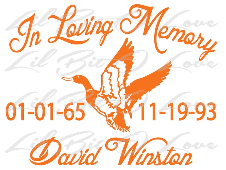 May include: Orange silhouette of a flying duck with the text "In Loving Memory" above and "David Winston" below. The dates "01-01-65" and "11-19-93" are also included.