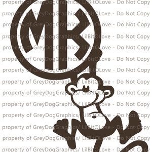 May include: A brown graphic of a monkey holding a circular emblem with the letters "MK" inside. The monkey is hanging from the emblem. The text "property of GreyDogGraphics/ LilBitOLove - Do Not Copy" is repeated across the image.