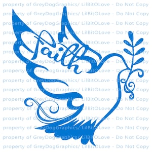 May include: Blue silhouette of a dove with a branch and leaves. The dove is holding the word "Faith" in its wings.