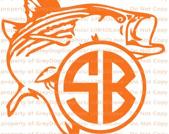 May include: Orange vinyl decal of a fish jumping out of the water with a circle monogram in the center. The monogram is the letters "SB" in a circle. The text "property of Grey Dog Graphics/ Lil BitOLove - Do Not Copy" is repeated multiple times around the image.