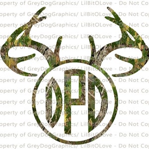May include: A white circle with the letters "OPD" in a green and brown camouflage pattern. The circle is surrounded by a pair of antlers with a camouflage pattern.