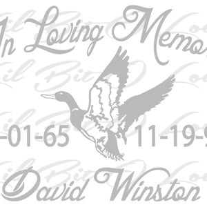 May include: A gray and white memorial image with a flying duck silhouette. The text reads "In Loving Memory" and includes the dates "01-01-65" and "11-19-93". The name "David Winston" is also included.