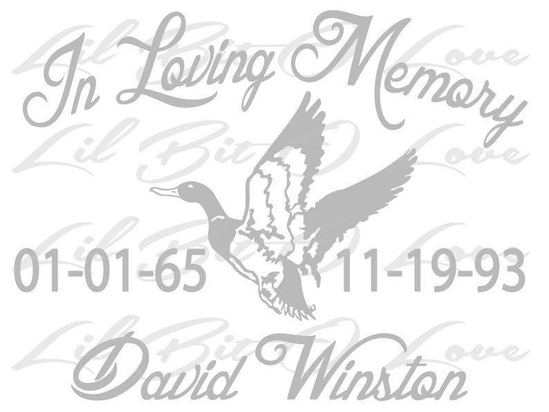 May include: A gray and white memorial image with a flying duck silhouette. The text reads "In Loving Memory" and includes the dates "01-01-65" and "11-19-93". The name "David Winston" is also included.